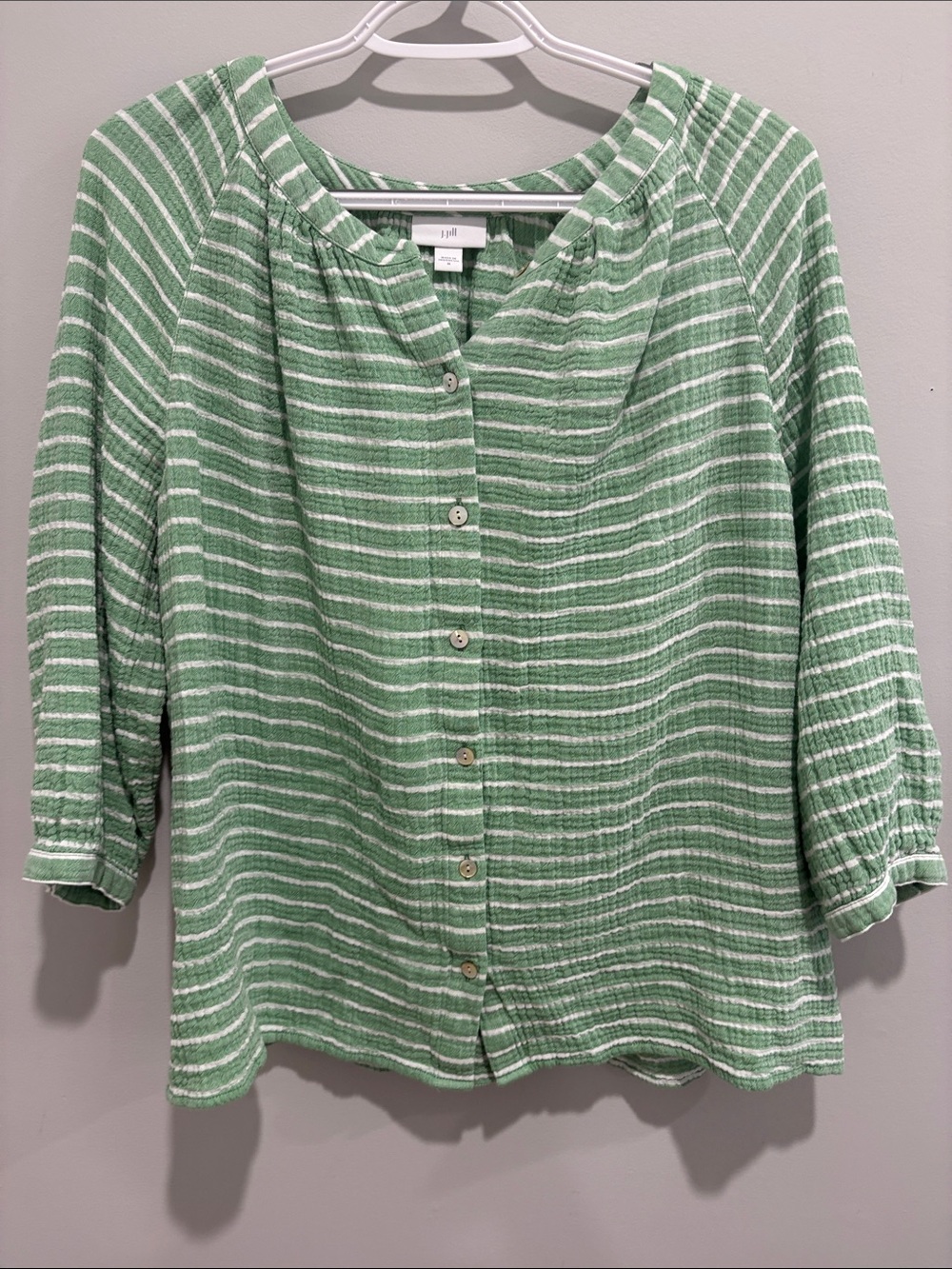 J. Jill Green and White Striped Button-Front Blouse
